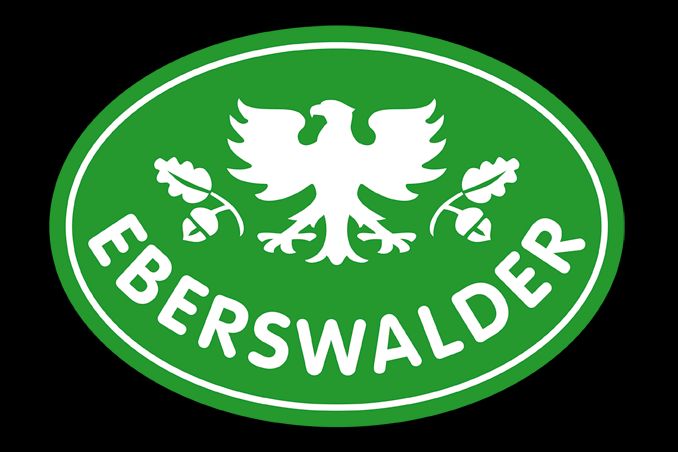 Grünes Logo mit einem weißen Adler und Eicheln, umgeben von einem Oval und dem Schriftzug "EBERSWALDER".