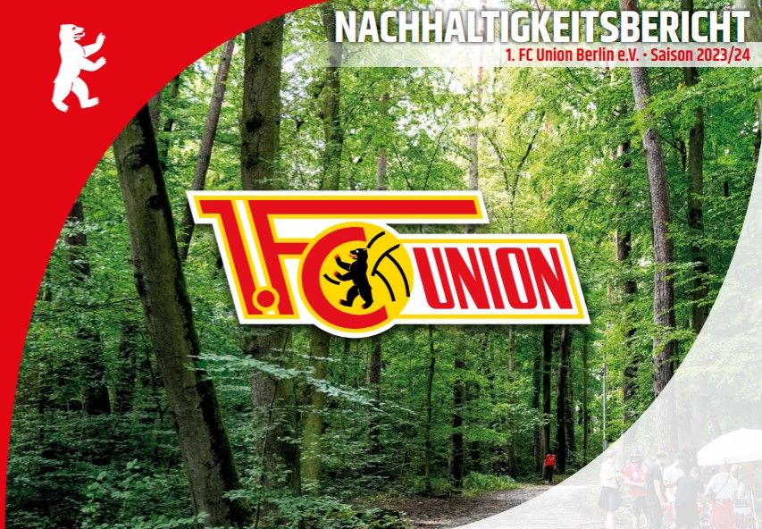 Nachhaltigkeitsbericht des 1. FC Union Berlin e.V. für die Saison 2023/24, mit Logo auf grünem Waldhintergrund.